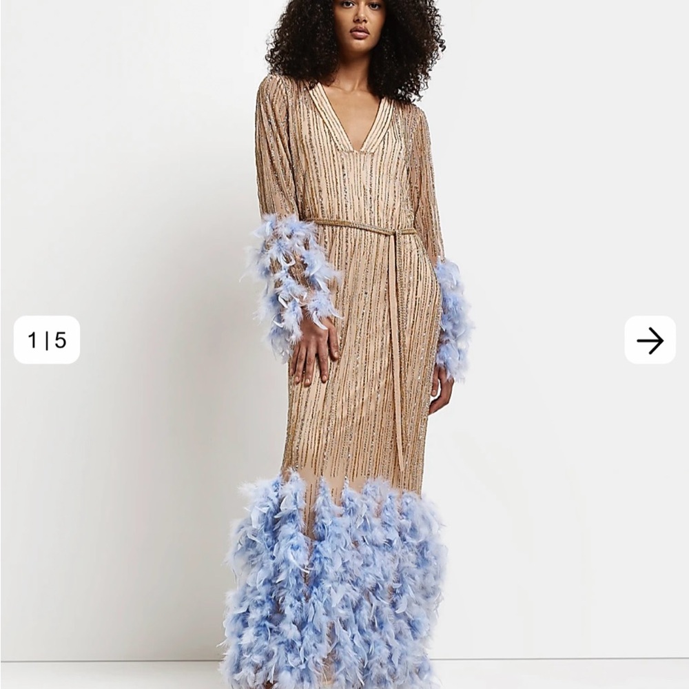 River Island Beige and Blue Feathered Long Sleeve Dress